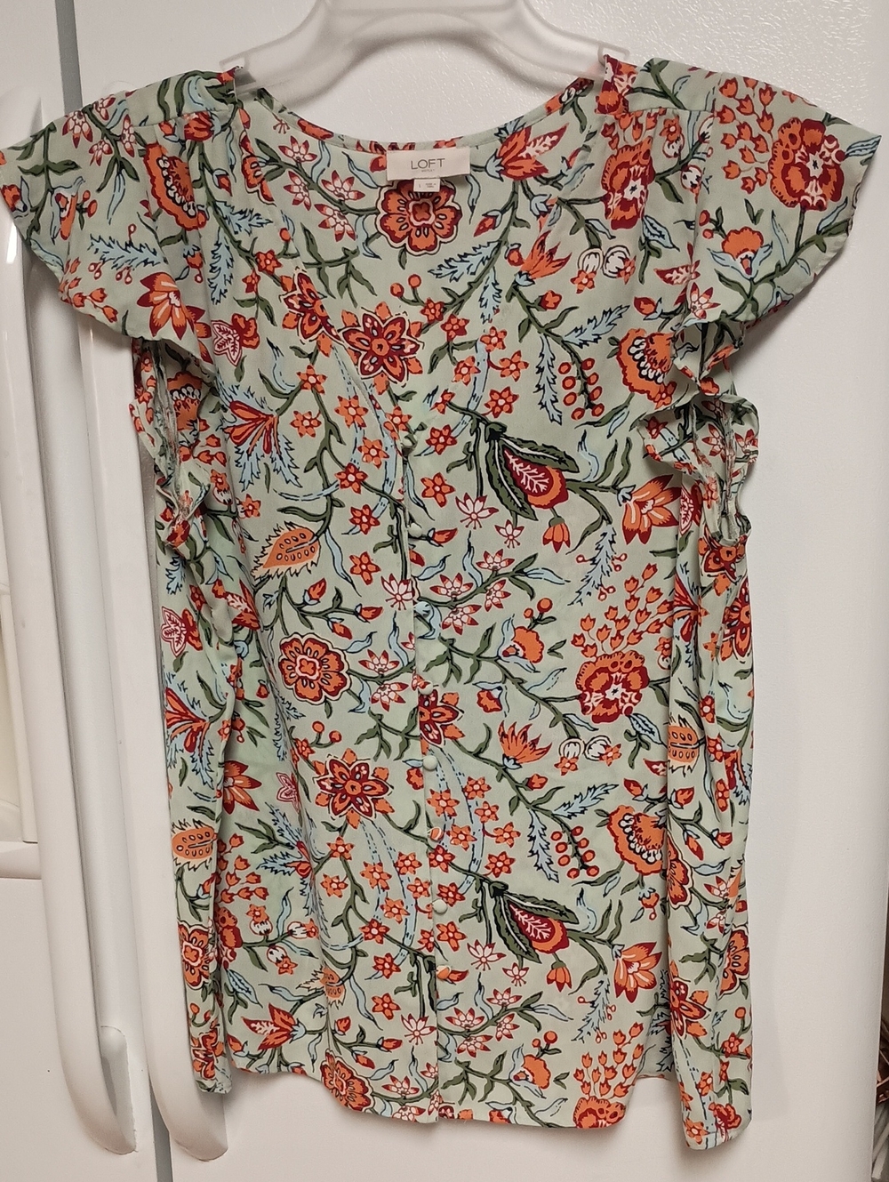 LOFT Light Green Floral Ruffle Sleeve Dress with Orange Accents Women Size Large
